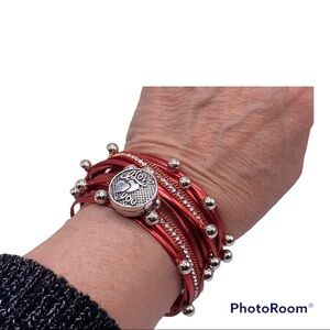 Bright Red “I Love You” Criss Cross Snap Jewelry Bracelet w/ silver balls.